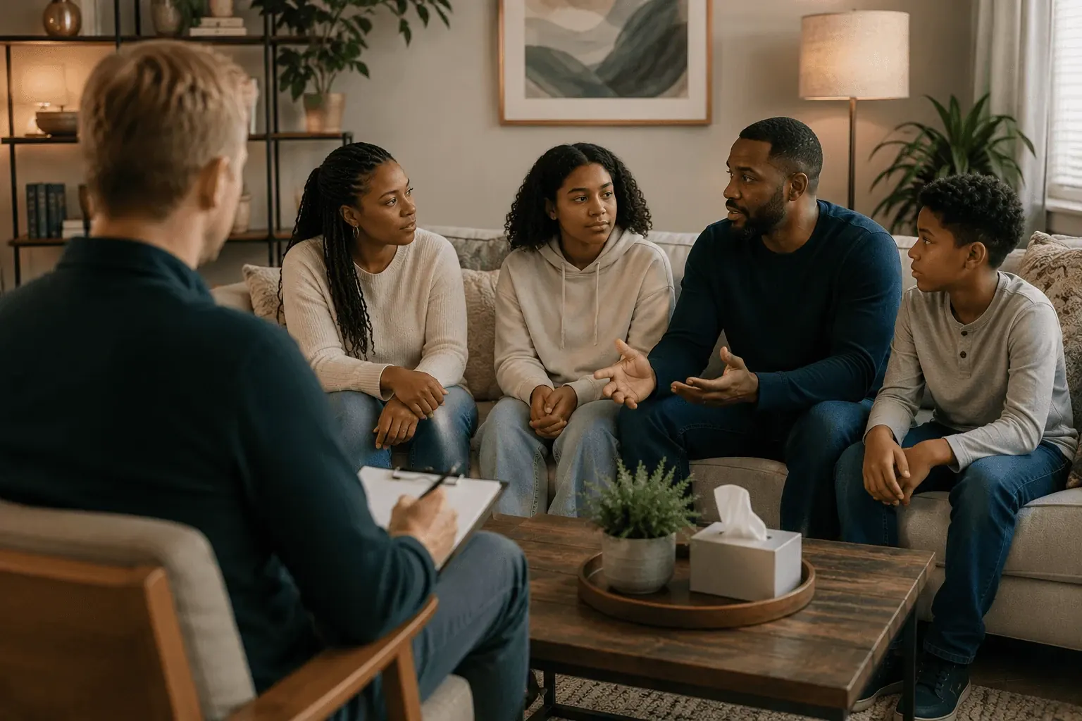 Therapist leading a marriage and family counseling session