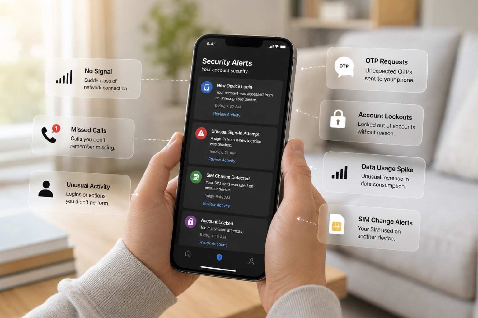 Mobile security warning dashboard highlighting signs of SIM swapping, account takeover, unauthorized logins, unexpected OTP requests, and suspicious phone activity