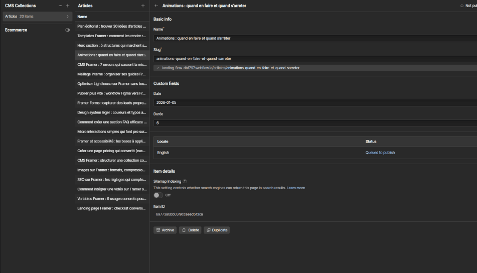 Interface de collection CMS sur Webflow