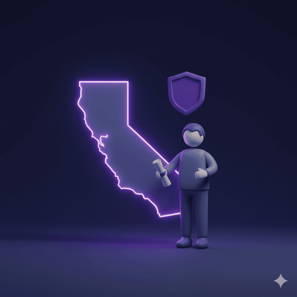 A glowing California state outline in purple beside a freelancer holding a contract with a shield icon, representing AB5 worker classification protections