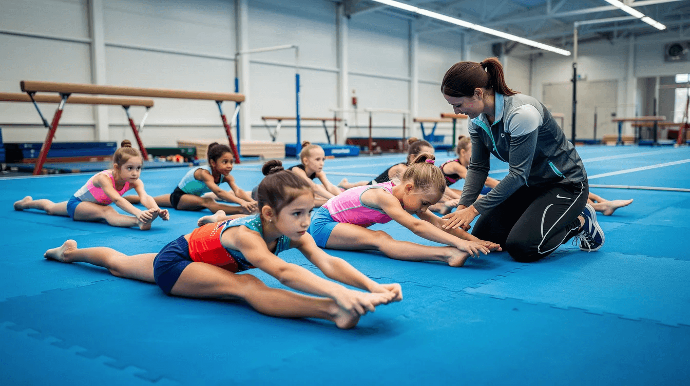 A group of young gymnasts is stretching on colorful mats while a coach observes and provides guidance nearby. This scene captures the essence of training in gymnastics clubs, highlighting the importance of proper class management and athlete development.