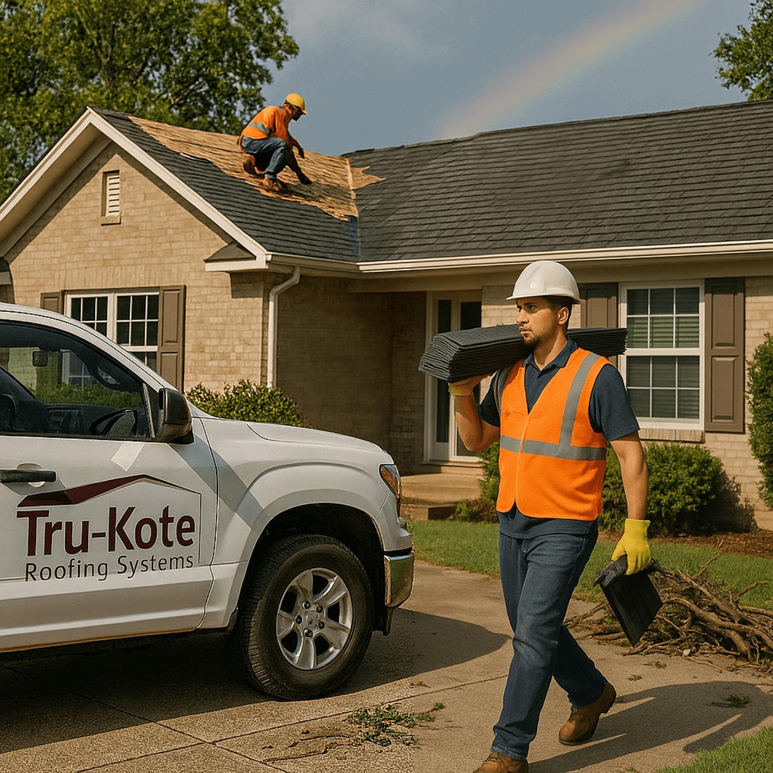 Tru-Kote Roofing Systems crew installing a new asphalt shingle roof on a suburban home, with a project manager and homeowner reviewing plans, under a warm sunset sky during professional roof replacement.