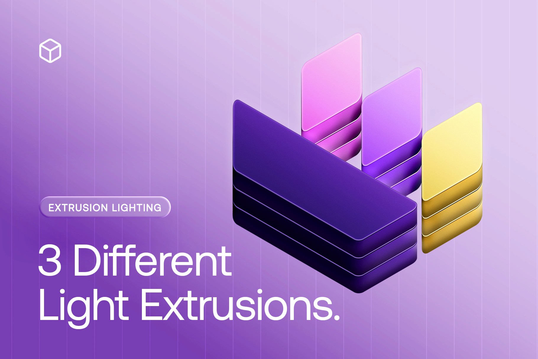 Three distinct 3D icon extrusions showing different lighting and depth effects.
