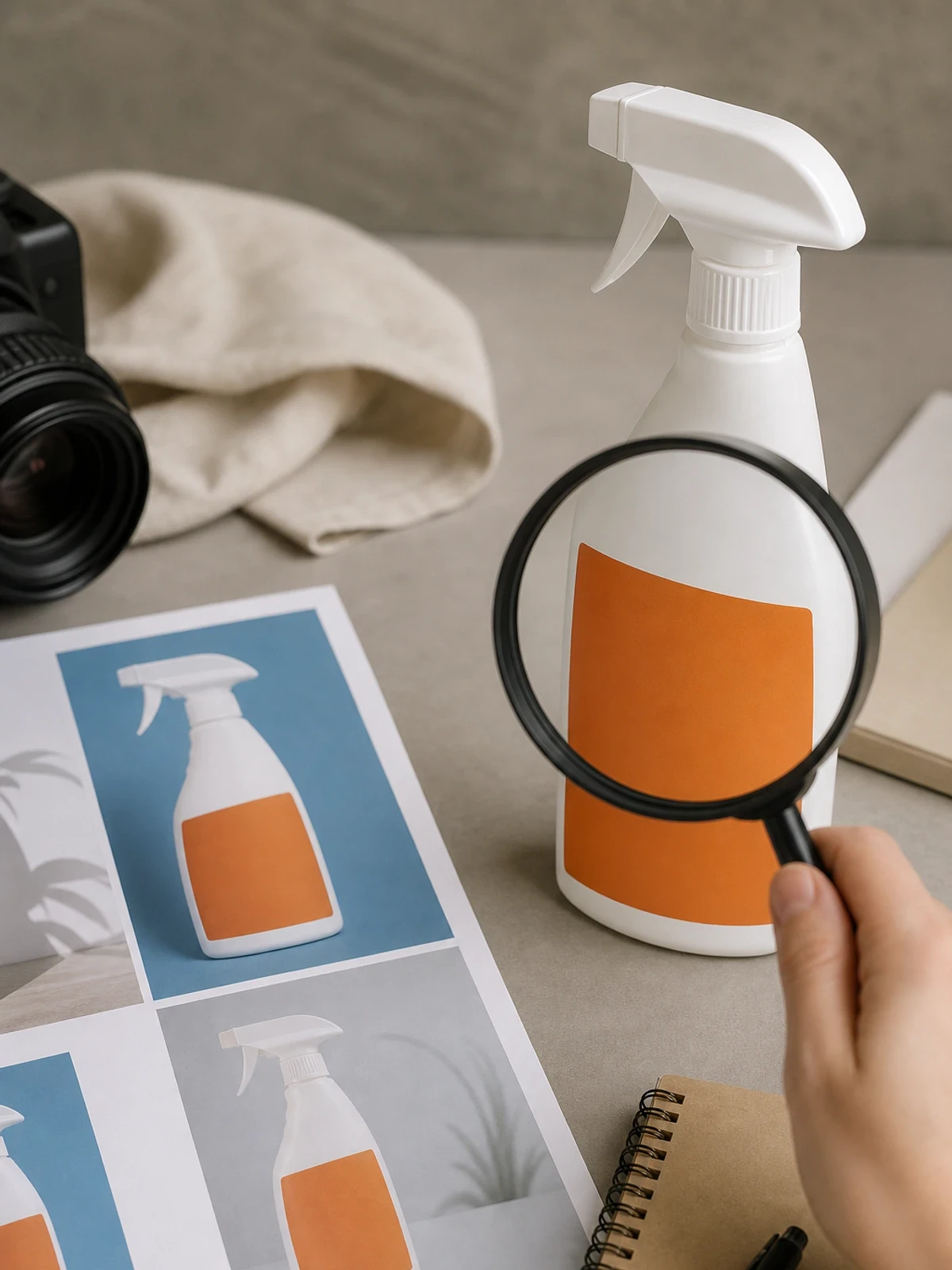 White trigger bottle being compared with product reference photos during a label and packaging inspection.