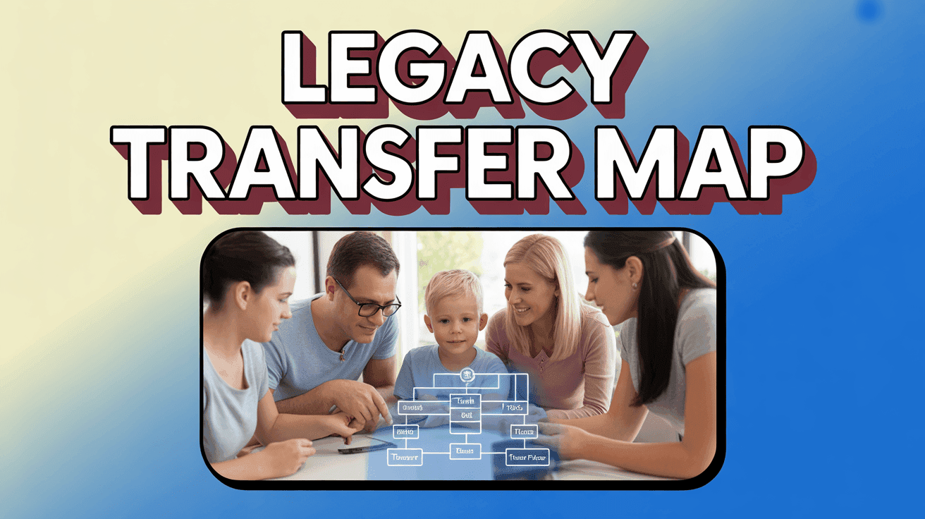 Generational Wealth Transfer Thumbnail Template featuring family gathered around table reviewing estate plan with holographic trust flowchart