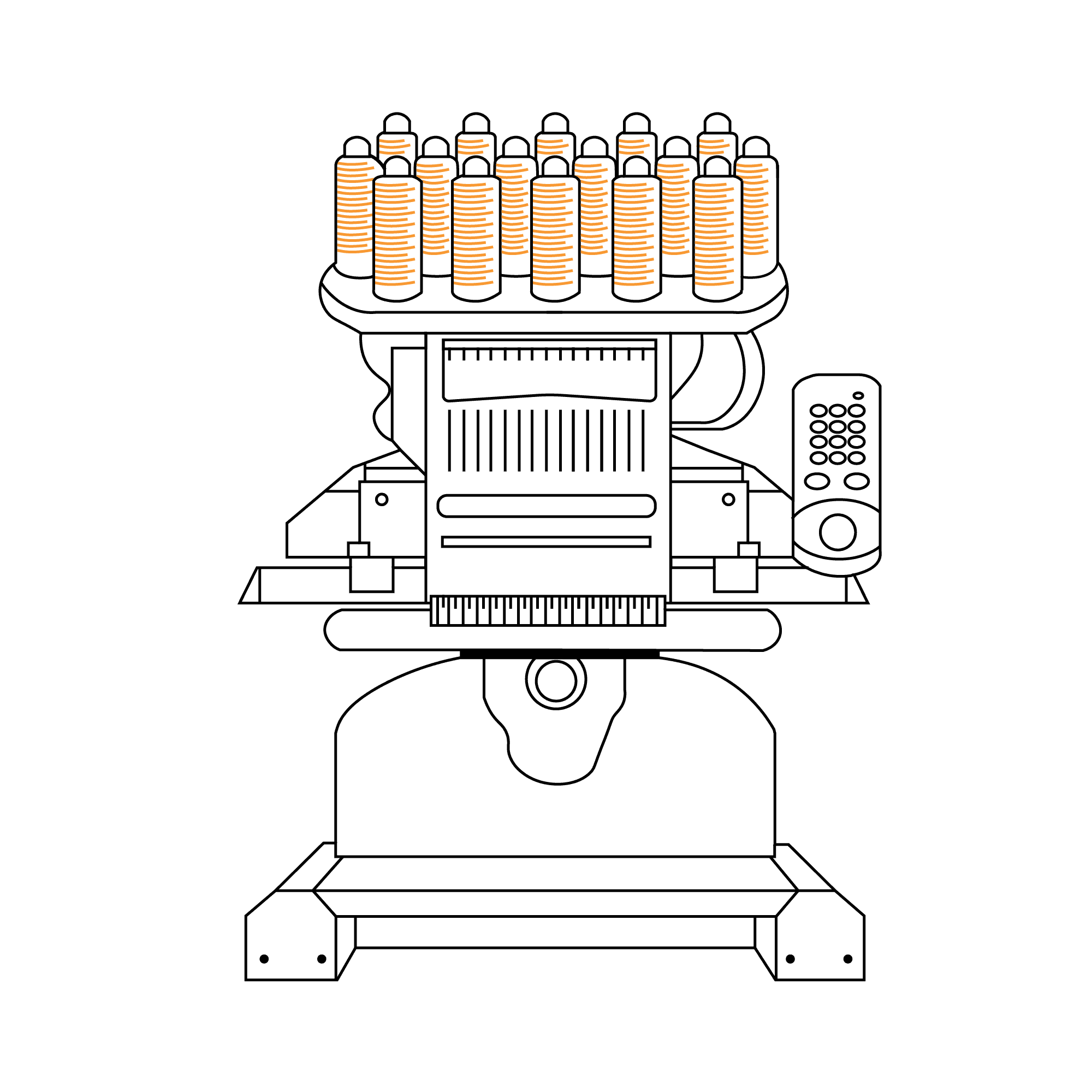 Line drawing of an embroidery machine with orange fabric