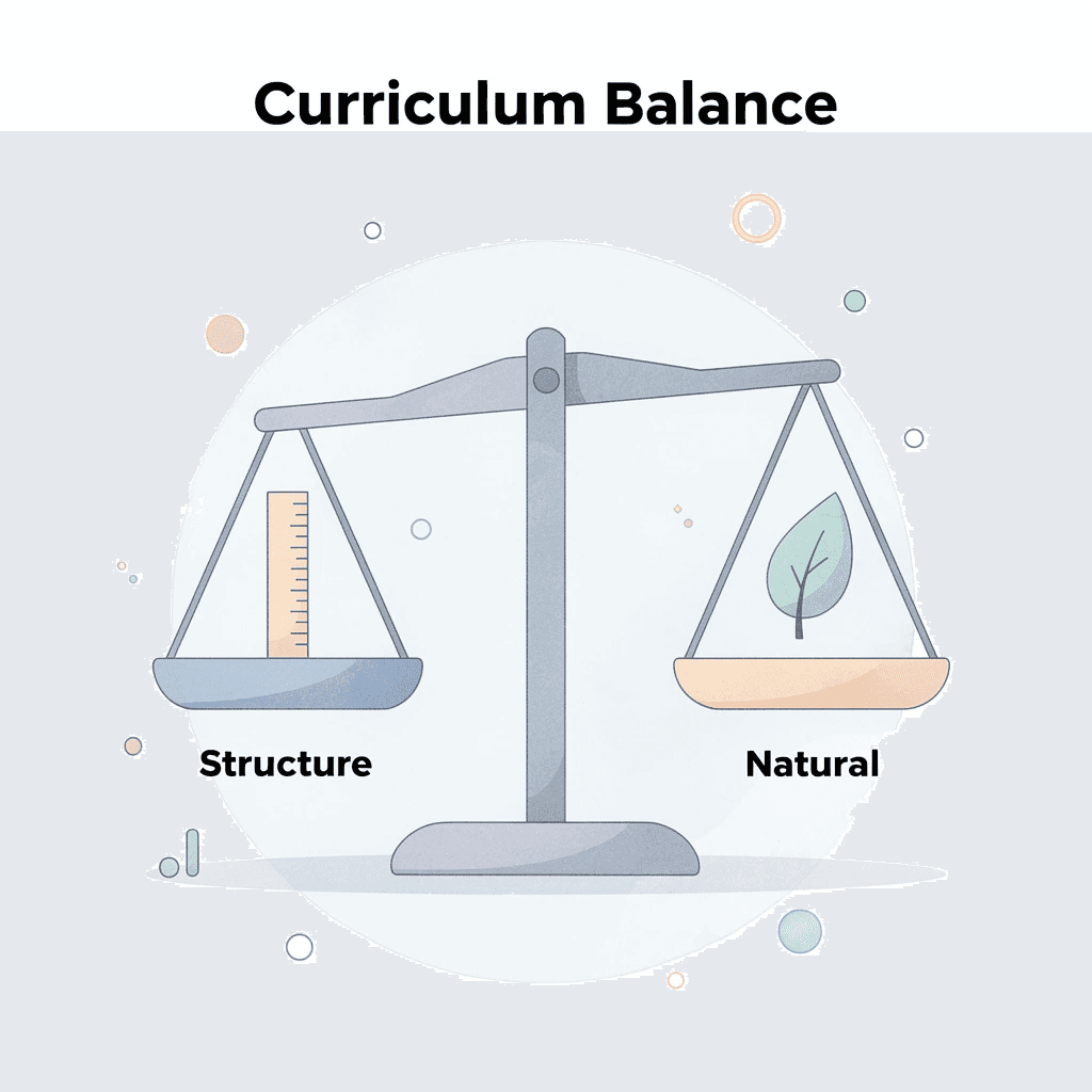 Balance scale showing structured learning versus natural development