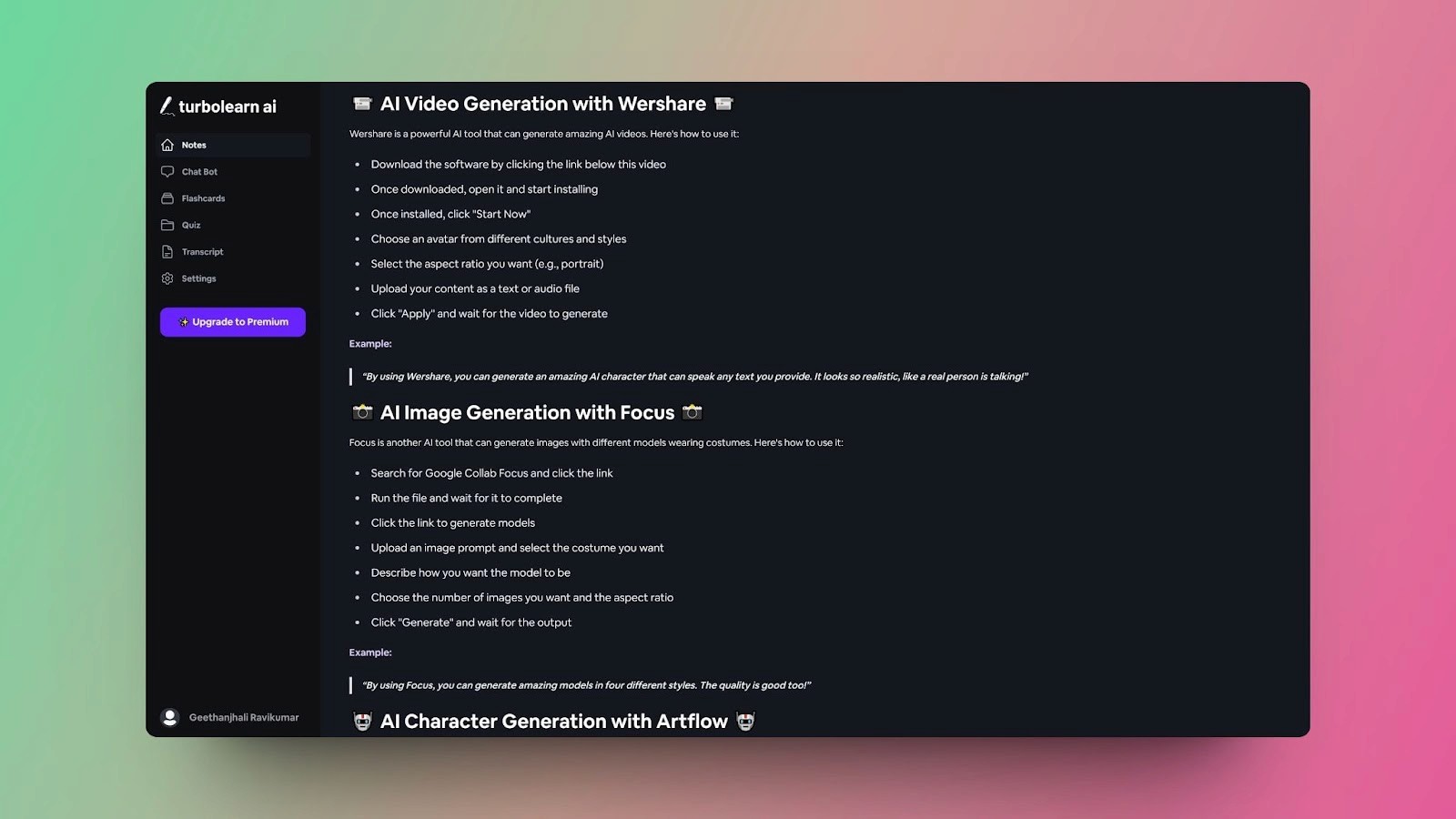 A snapshot of TurboLearn AI's notes section displaying AI tools like Wershare for video generation and Focus for image generation.