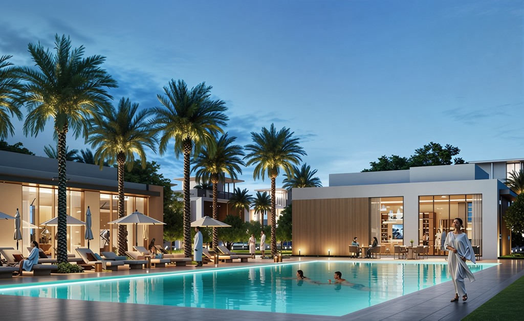 A stunning pool at the new luxury villa in Dubai's Grand Polo Club and Resort, featuring modern design and serene surroundings.