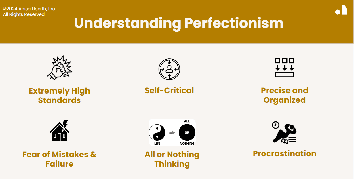 Infographic titled "Understanding Perfectionism" from Anise Health displaying six traits with icons: Extremely High Standards, Self-Critical, Precise and Organized, Fear of Mistakes & Failure, All or Nothing Thinking, and Procrastination.