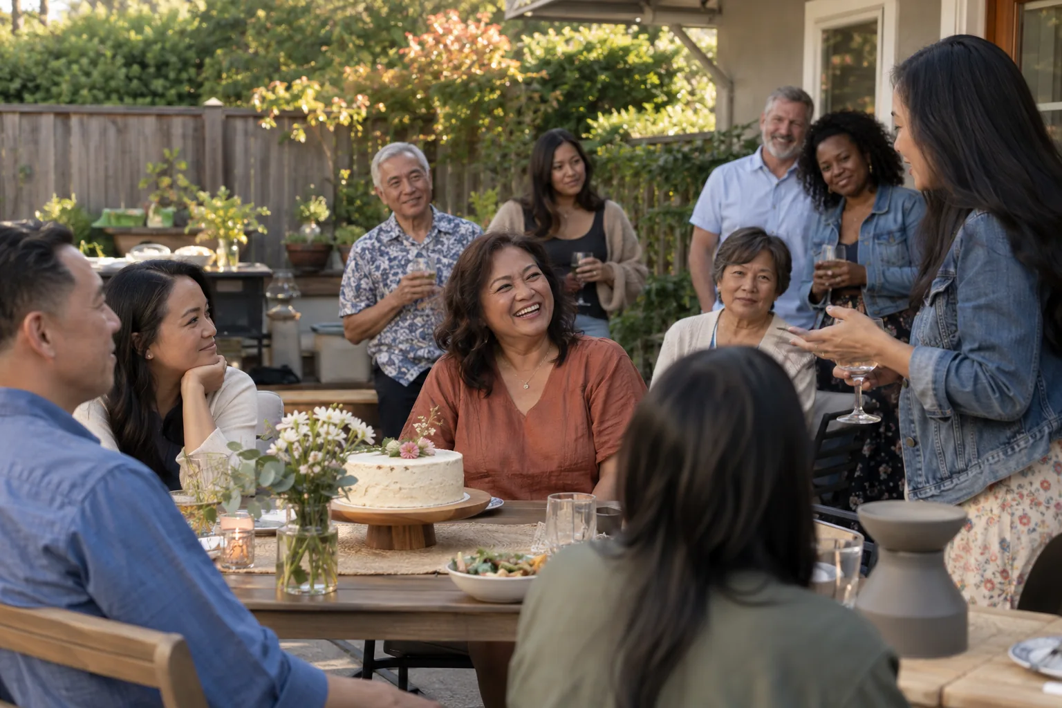 Private-party concept with family and friends sharing a backyard birthday toast.