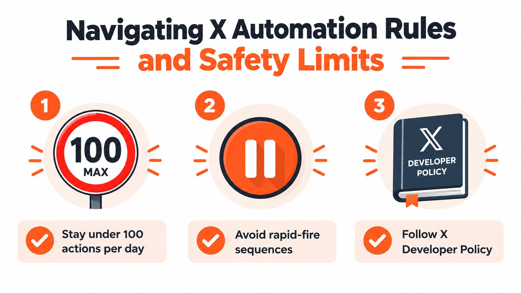 An infographic titled Navigating X Automation Rules and Safety Limits with three steps for automated accounts.