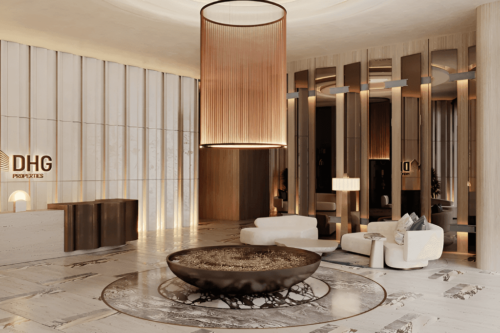 Elegant lobby at Helvetia Marine, designed with comfortable seating and ocean-inspired decor.
