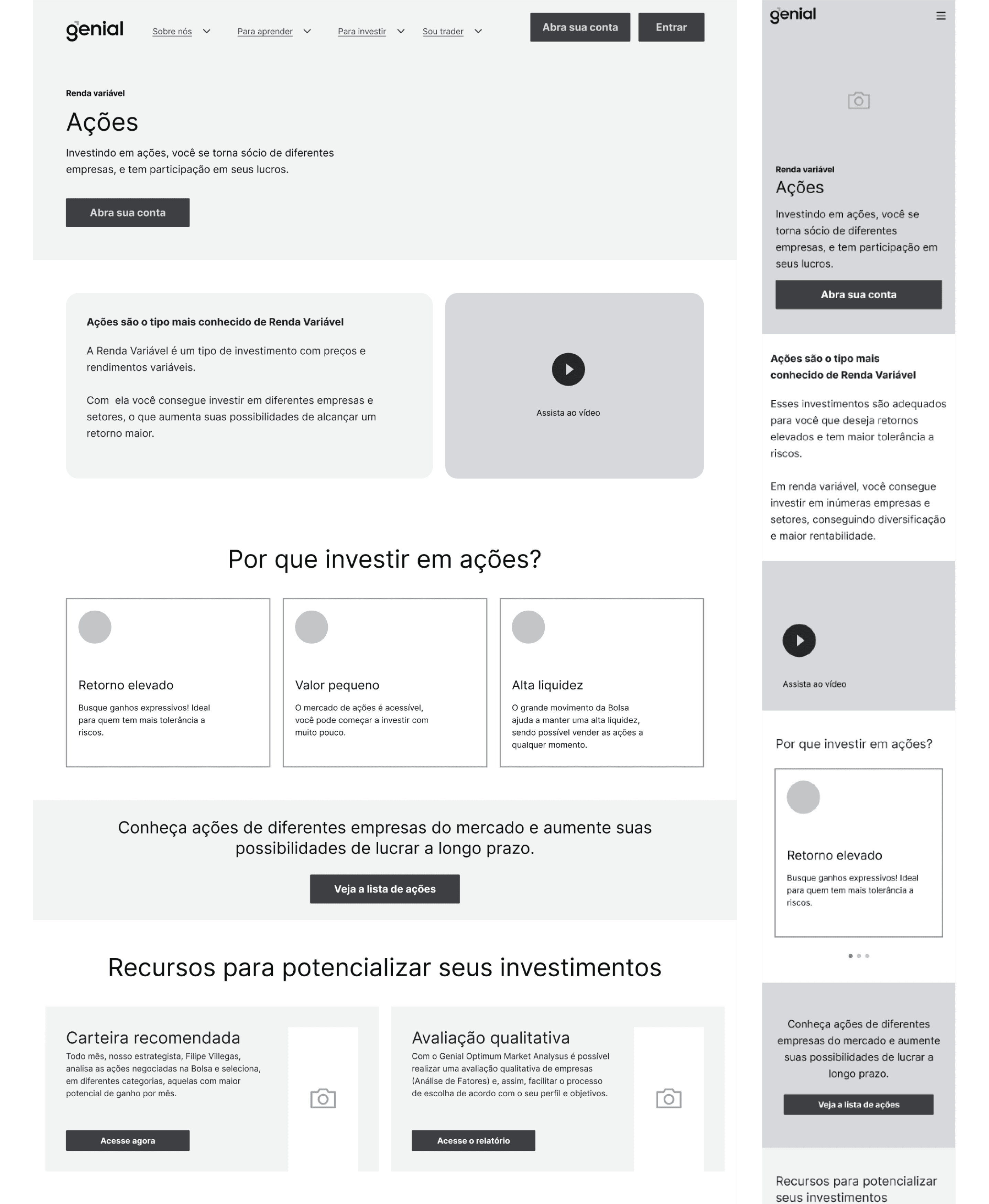 Product page wireframe, desktop and mobile