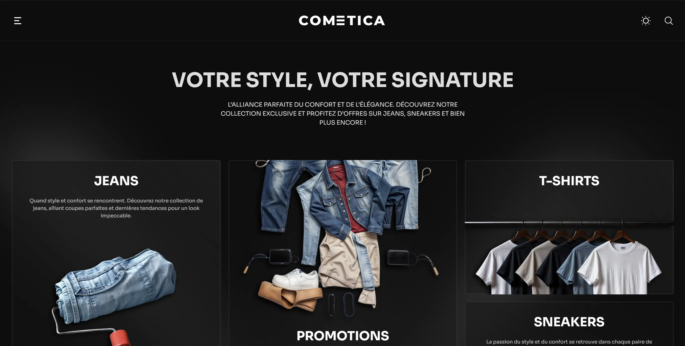 Site e-commerce moderne de vente de vêtements avec catalogue jeans, t-shirts et sneakers