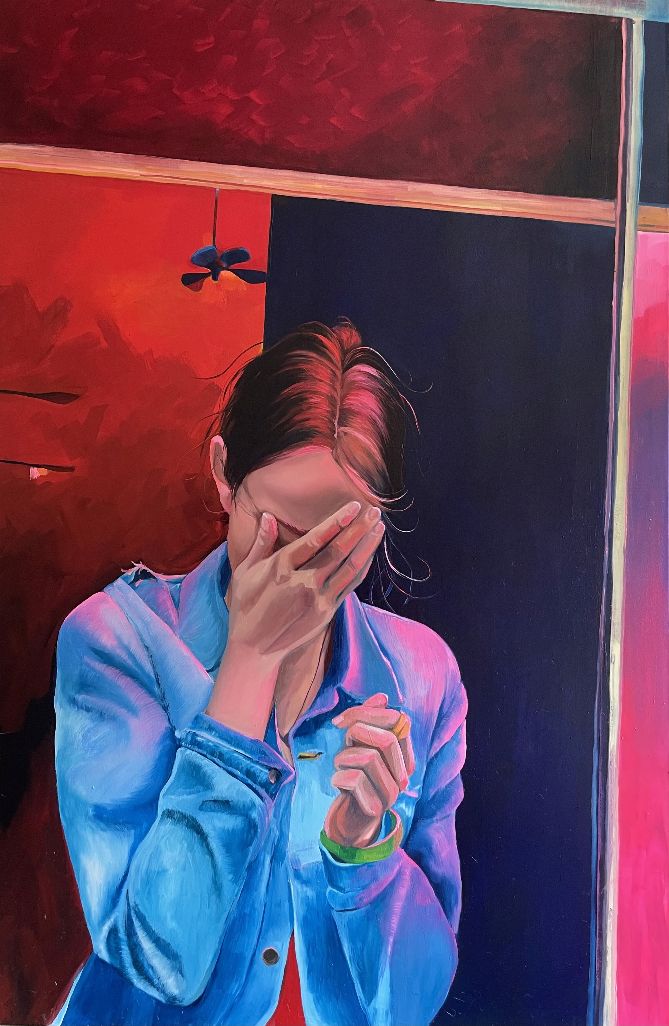 oil painting of a woman in a jean jacket covering her face with her hand