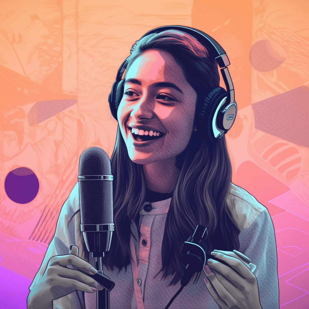 AI generated podcast art, girl speaking into a mic smiling