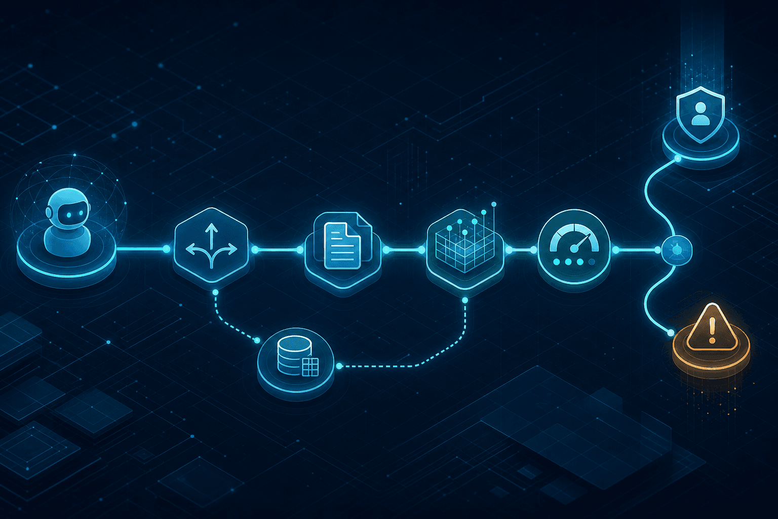 A detailed technical illustration showing an autonomous AI agent decision trail, with interconnected nodes forming a chain from a decision point through policy documents, data records, confidence indicators, and an escalation path. Each node glows softly and connects via flowing lines suggesting a traceable audit path. Abstract digital environment with deep navy blue and teal tones, geometric shapes, subtle circuit-like grid in the background, minimalist flat design with depth, no text or labels anywhere in the image.