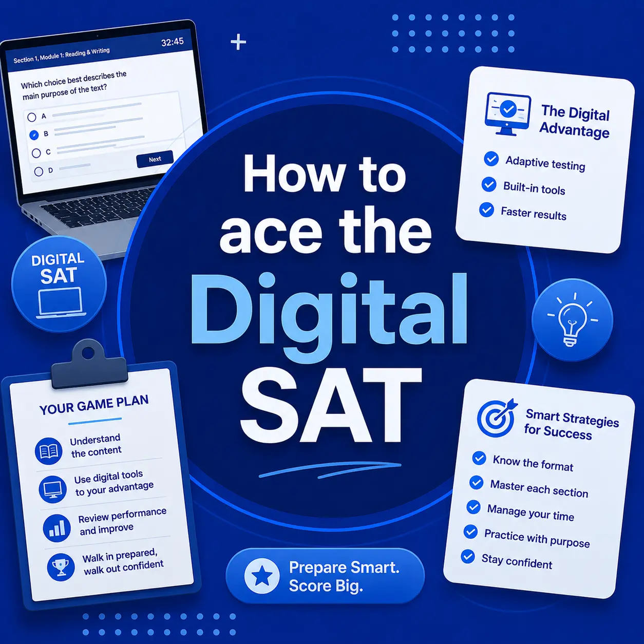 How to ace the digital SAT cover infographic with Desmos calculator, adaptive modules, and score goals for 2026 college admissions prep.