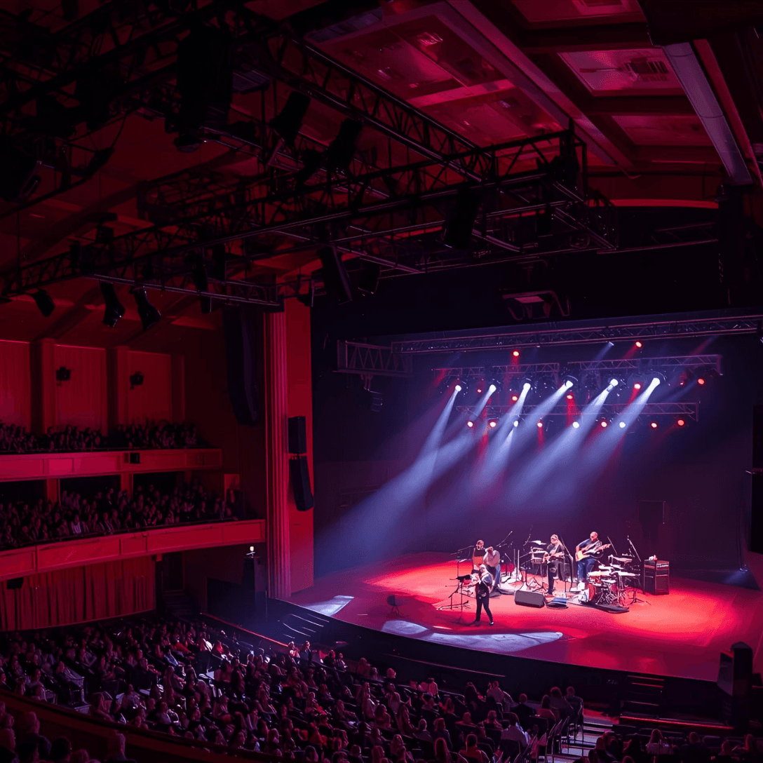 Concert hall interior showing a band performing on stage with dramatic lighting. The venue features multiple balcony levels with red accent lighting. Stage lights create white and blue beams across purple haze. The orchestra level and balconies are filled with audience members watching the performance. The stage is lit in red with musicians visible performing with drums, guitars, and other instruments.