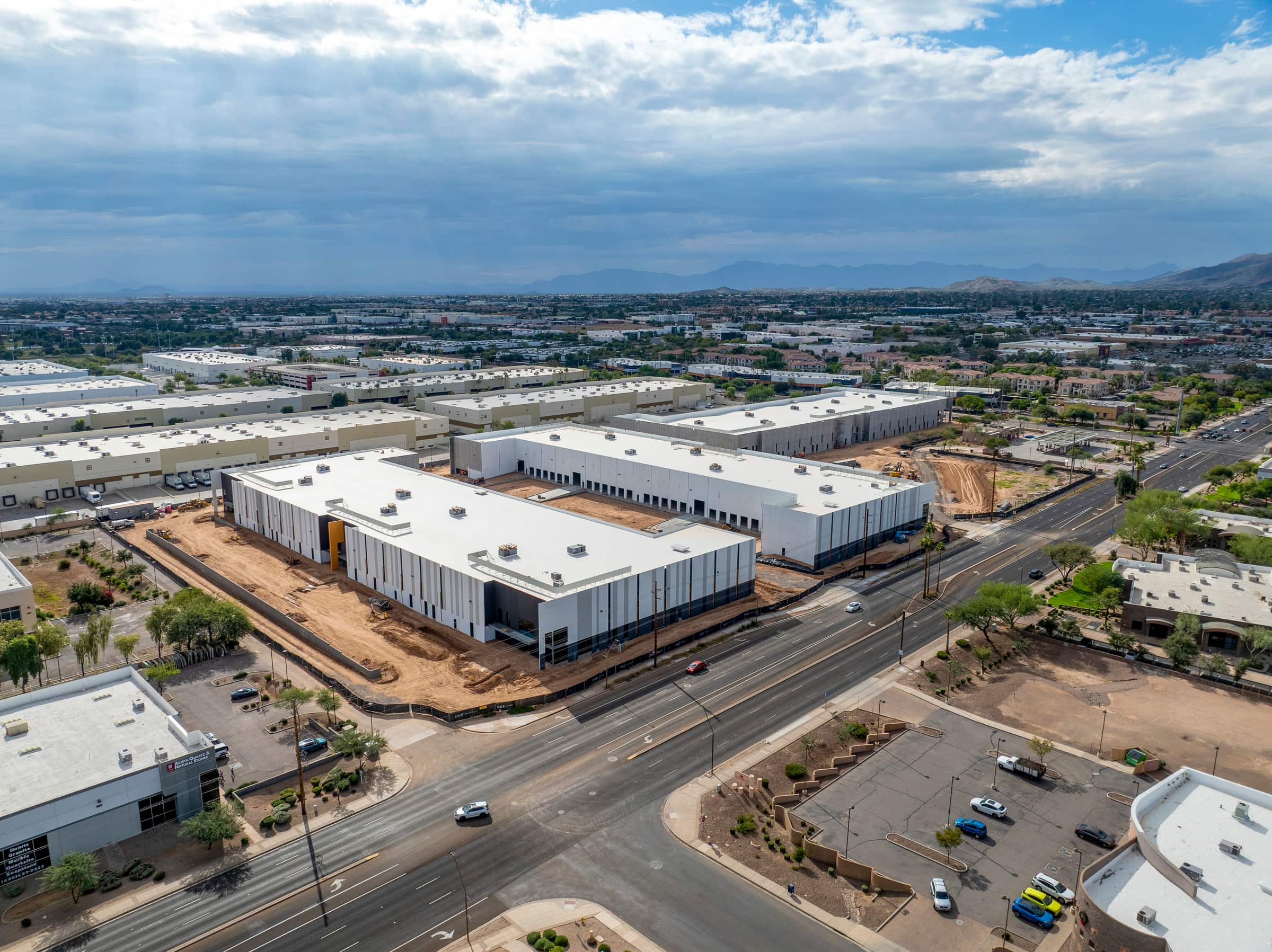 Aerial view of Nexus Commerce Center with the Phoenix mountains on the horizon