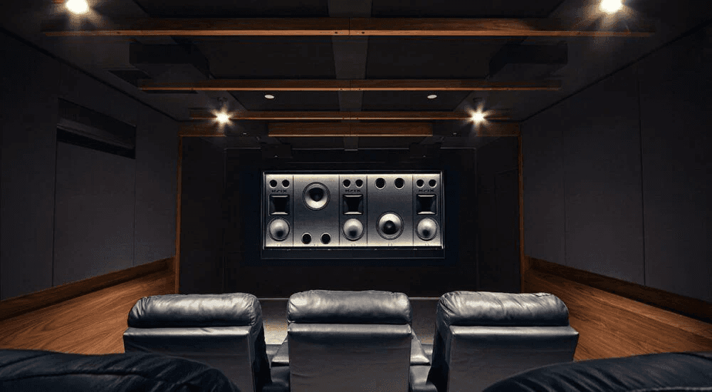 Home theater with large speaker system and leather seats.