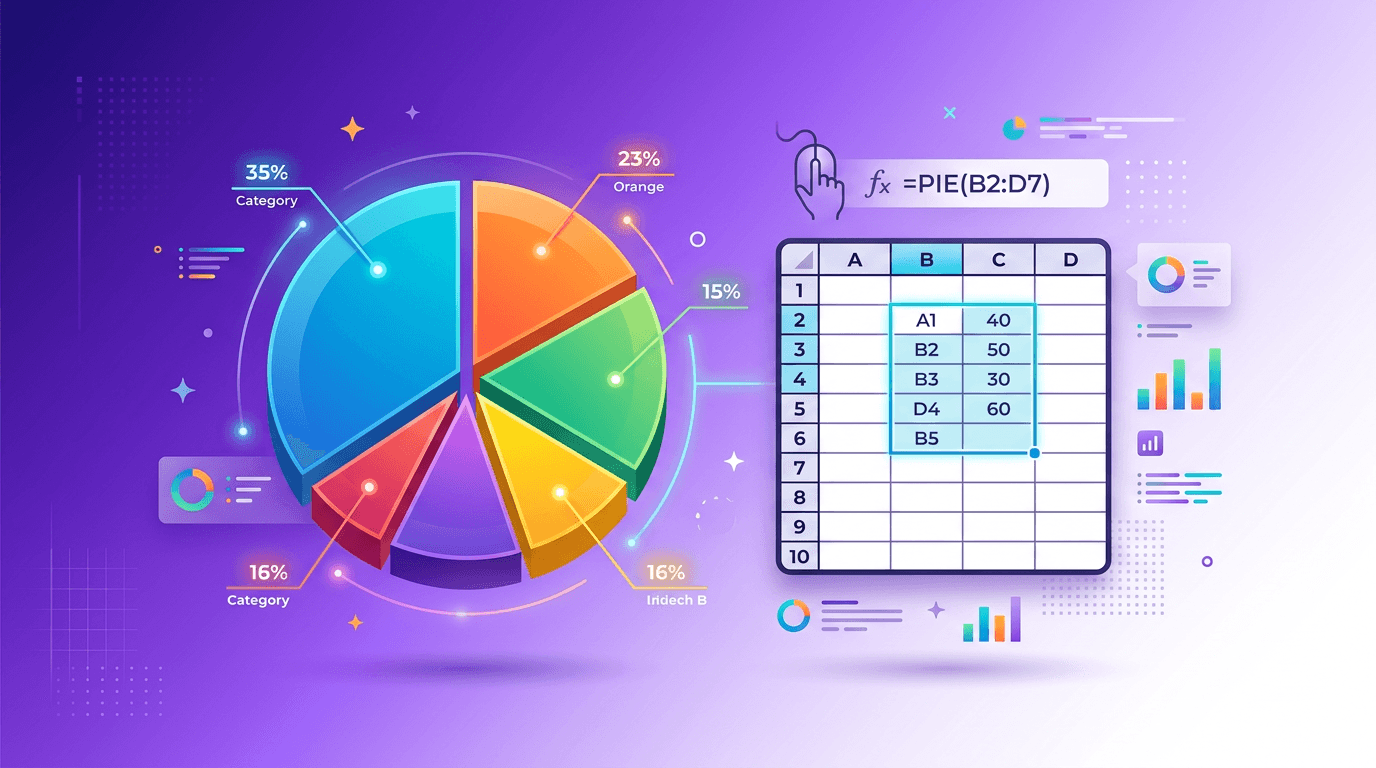 Illustration of a pie chart next to a spreadsheet, representing building charts in Excel