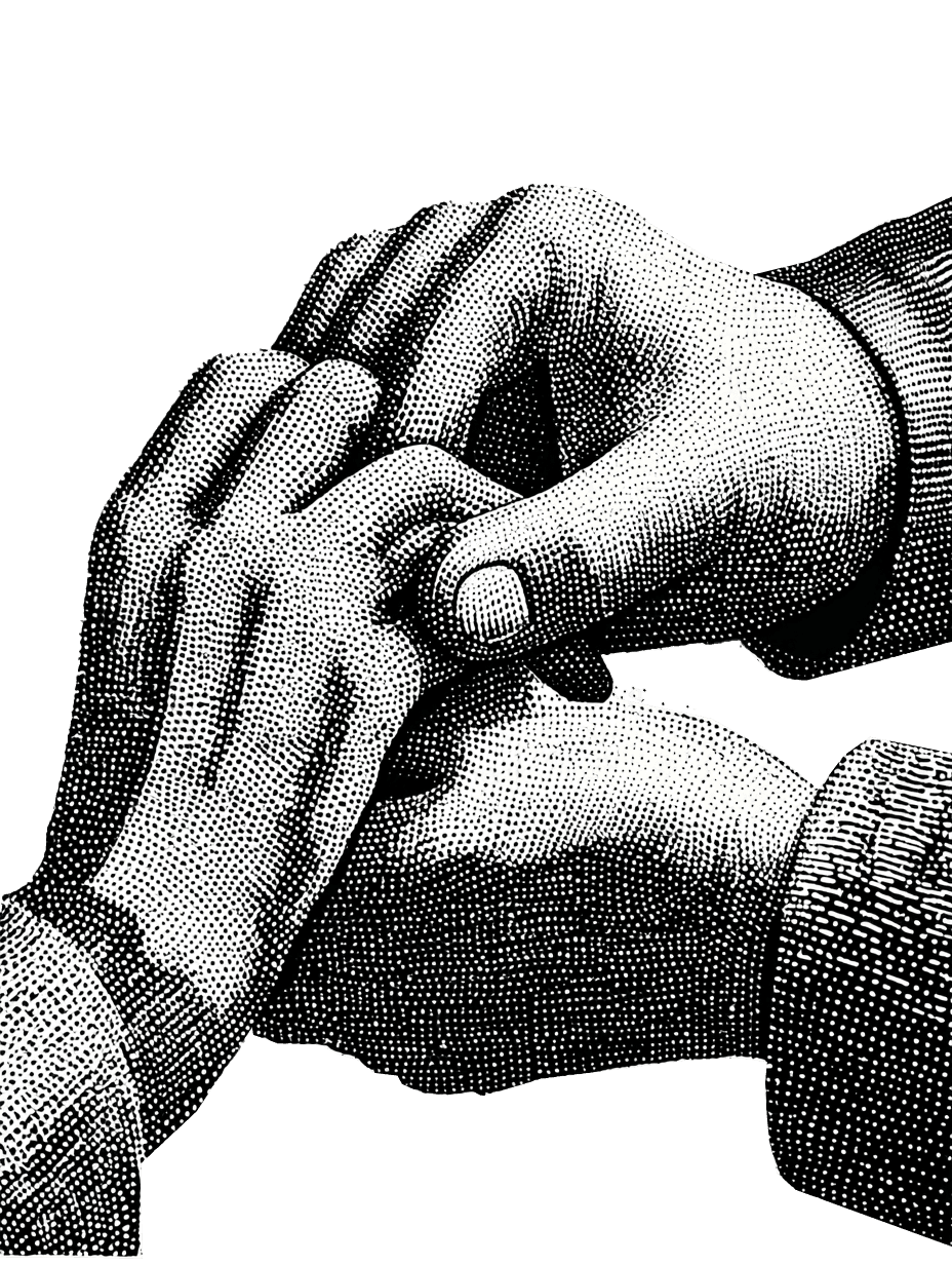 Illustration en noir et blanc de deux mains se tenant, symbolisant l'aide, le soutien, l'unité et la connexion.