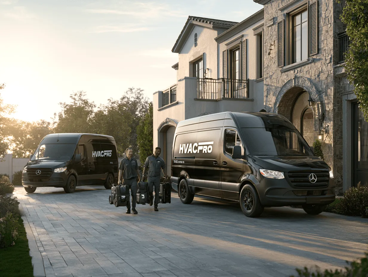 HVAC Pro vans parked in driveway of house