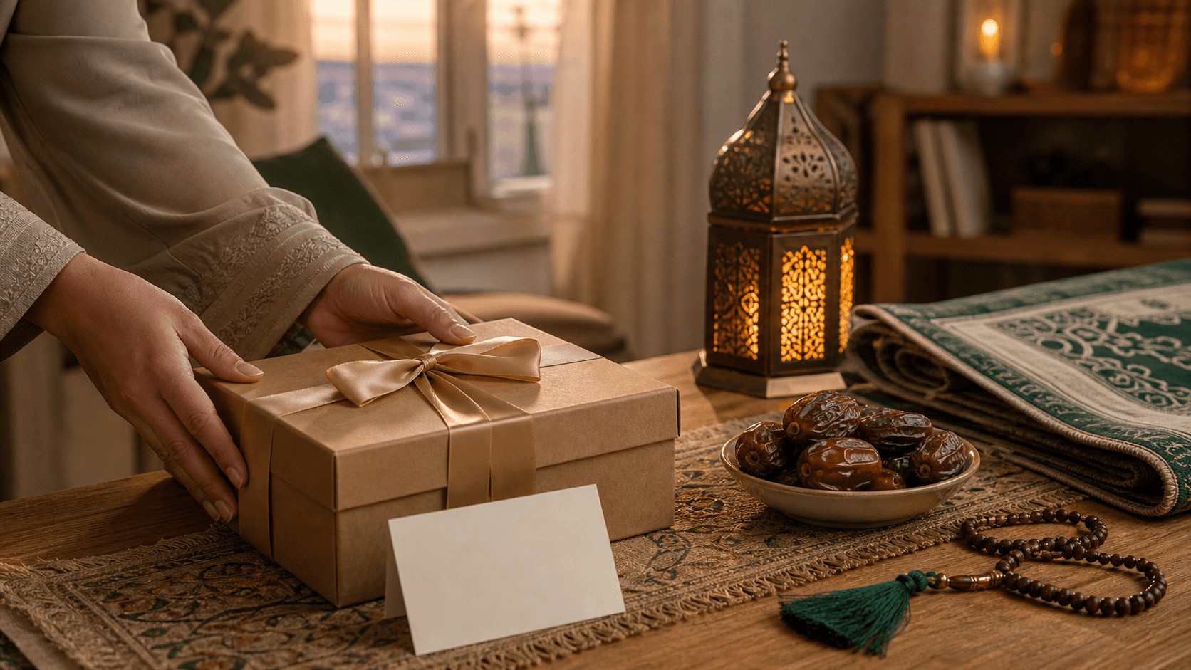 Presenting a Ramadan gift set: hands place a wrapped box with a blank card, dates and a lantern in a warm room