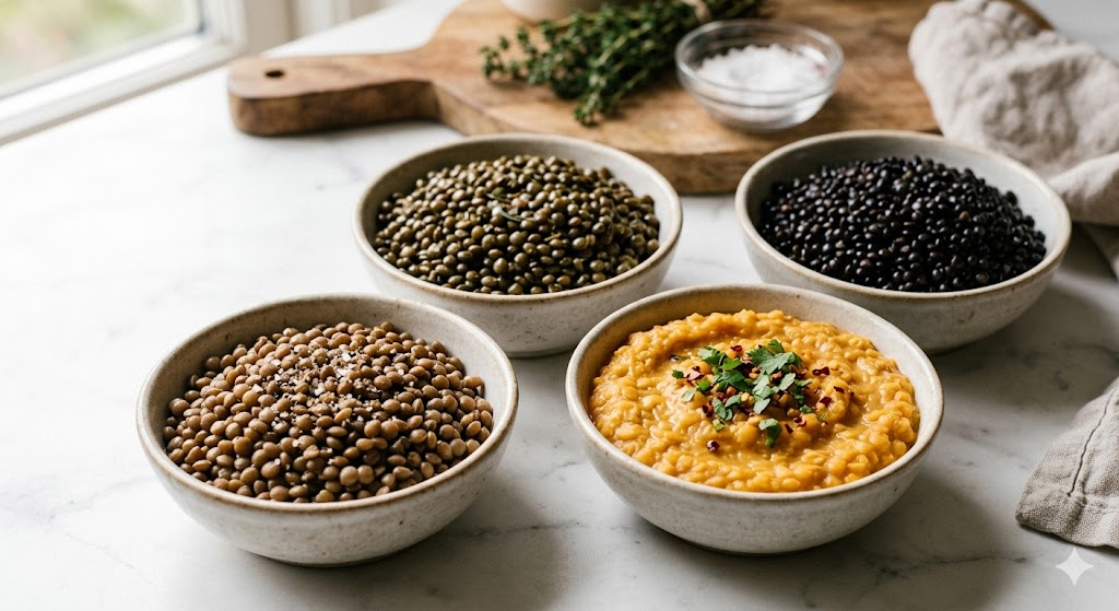 A top-down photograph of four ceramic bowls on a white marble countertop, containing different cooked lentils: brown, green, red (masoor dal), and black beluga. Background features a wooden board, fresh thyme, and sea salt.