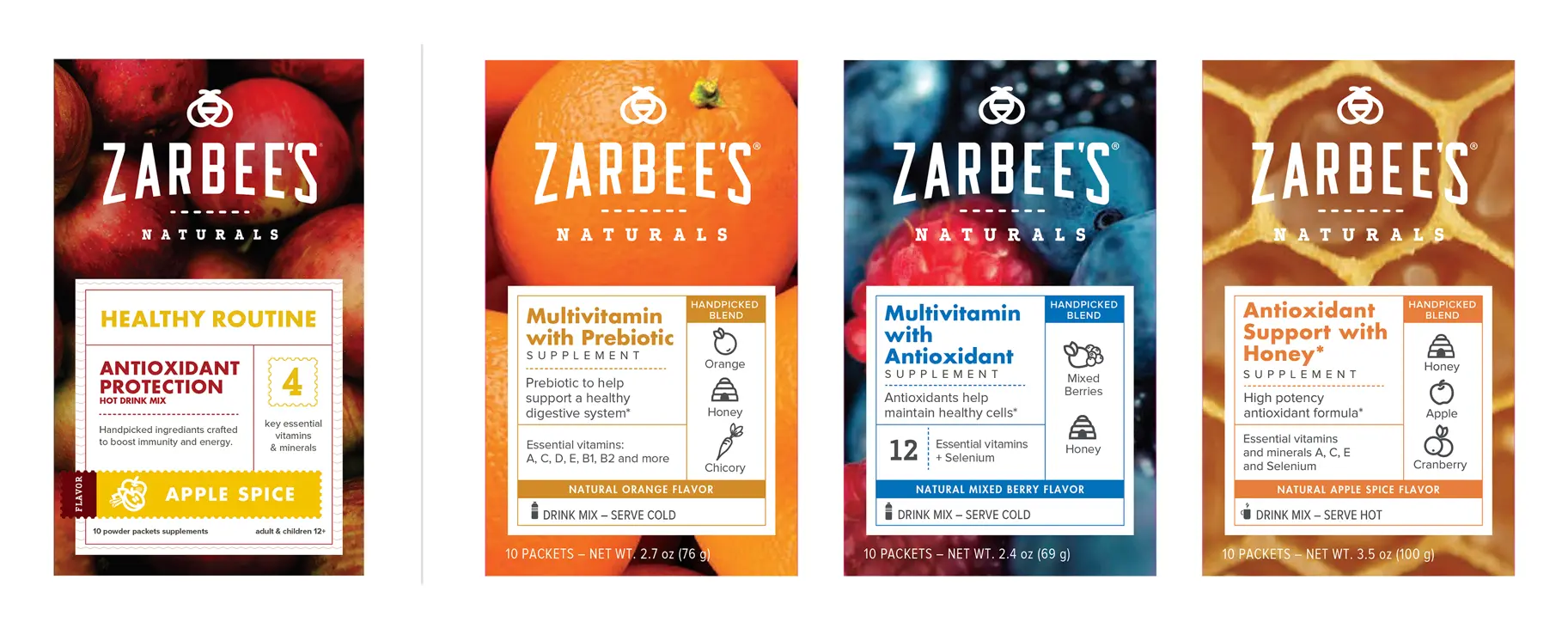 Four Zarbee's Naturals Healthy Routine adult packaging designs extending the system across the supplement line — Antioxidant Protection, Multivitamin with Prebiotic, Multivitamin with Antioxidant, and Antioxidant Support with Honey, each featuring distinct fruit photography, color-coded flavor strips, and handpicked ingredient icons.