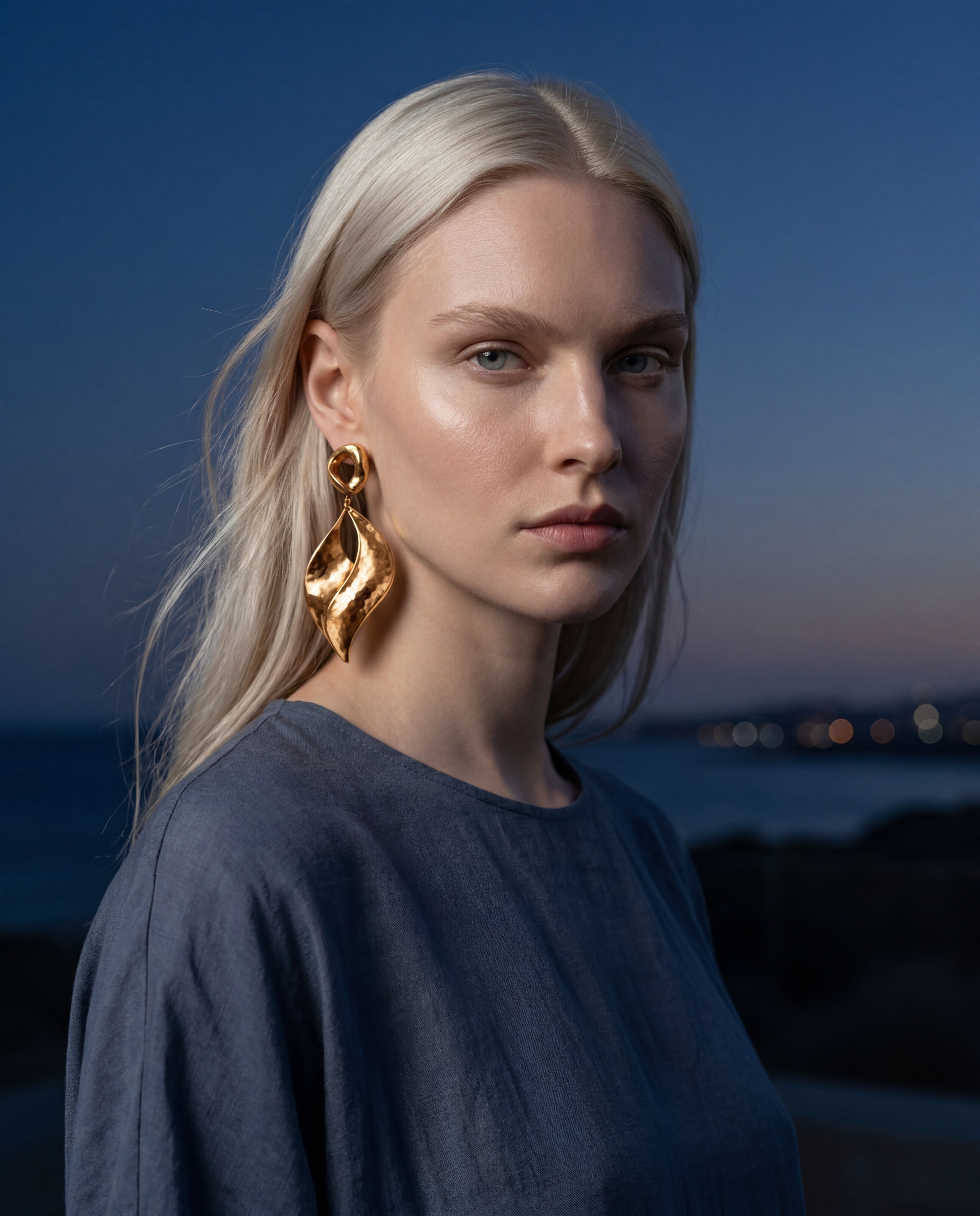 Sofia Müller AI model wearing sculptural gold earring, blue hour cinematic outdoor portrait, Gemzy AI jewelry studio