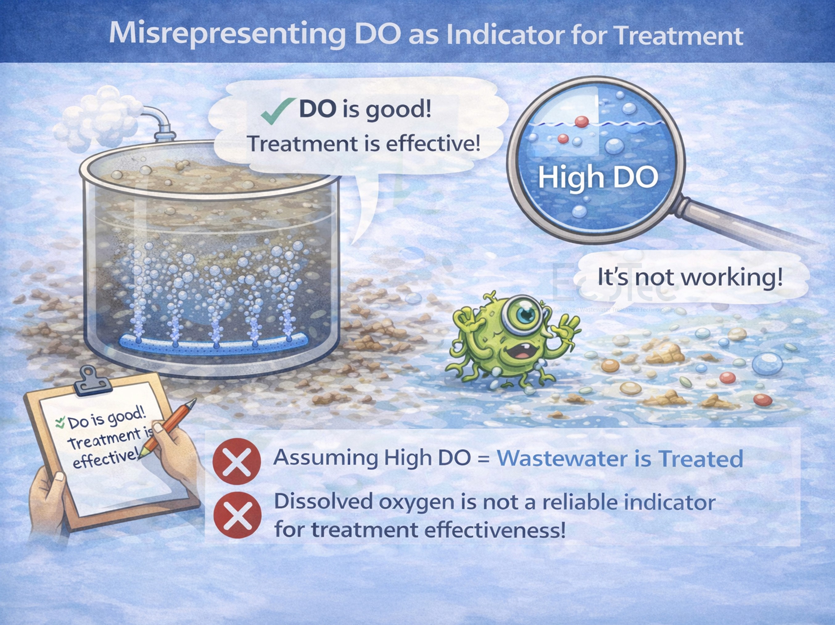 Wastewater treatment illustration showing why high dissolved oxygen (DO) does not guarantee effective biological treatment.