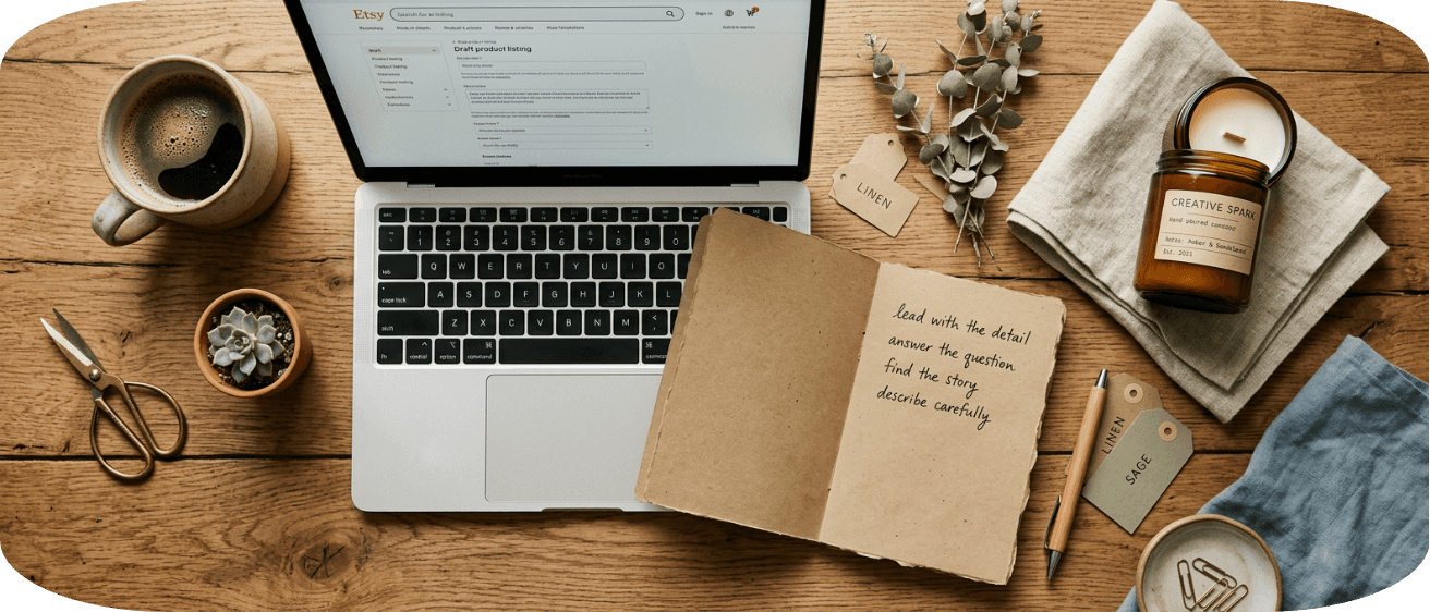 Overhead flat-lay of a laptop, notebook, and handmade goods illustrating how to write Etsy descriptions
