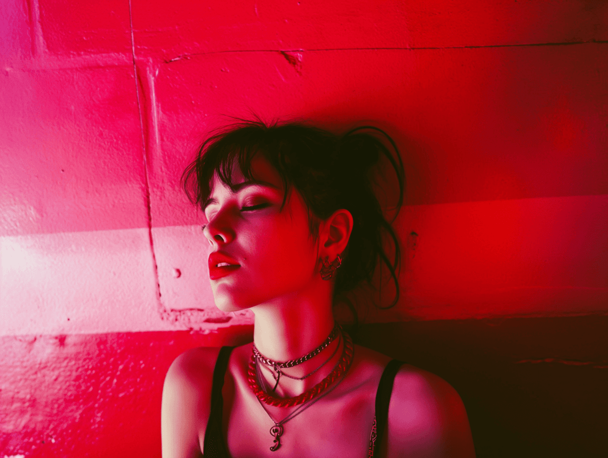 A wide aerial view of a glowing red river winding through a dark, mountainous valley.