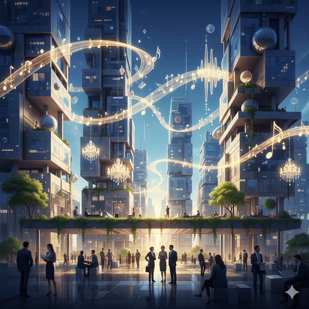 Surreal architectural art with musical notes and glass towers reflecting modern work-life balance
