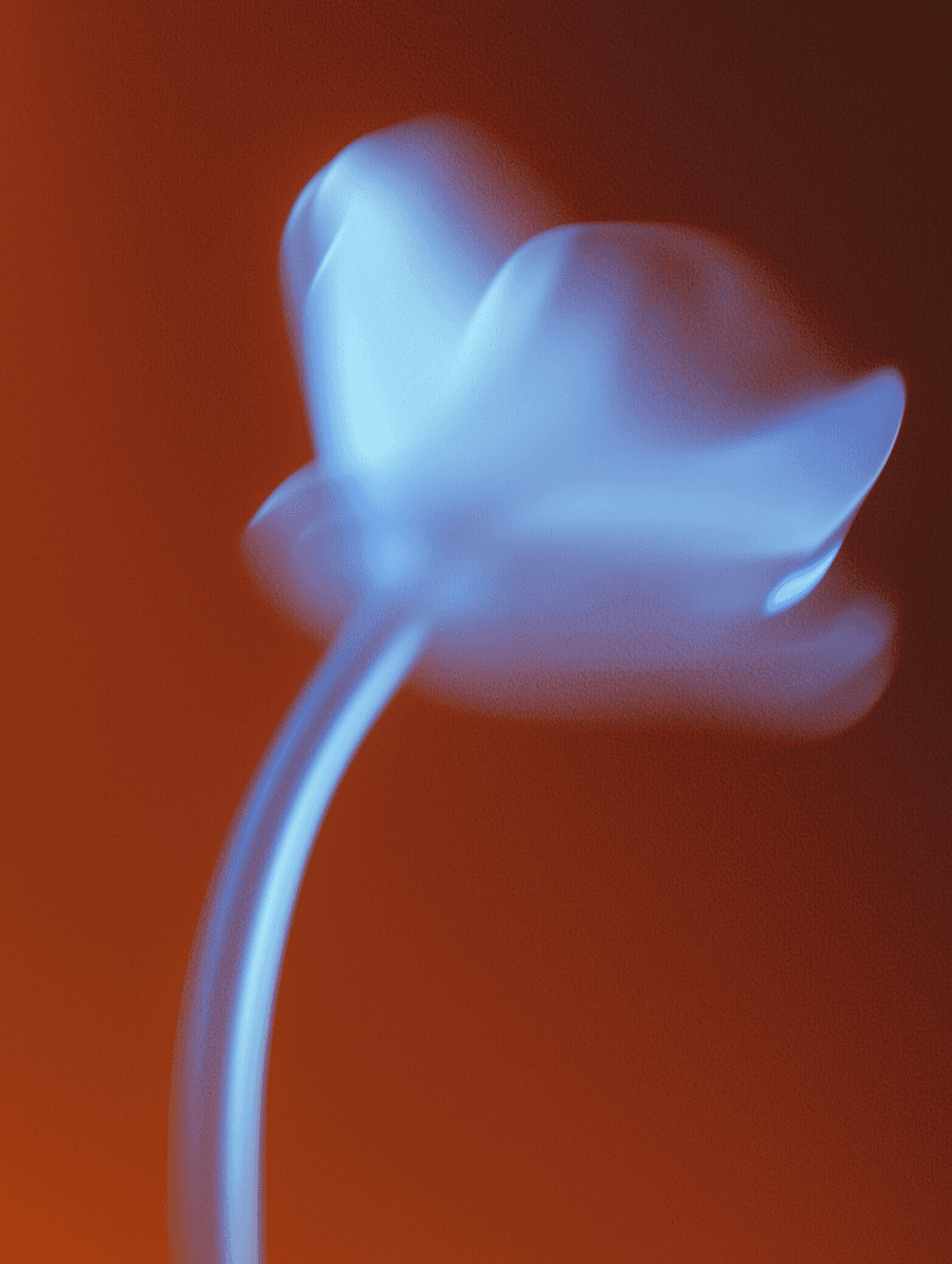 Abstract blue flower with blurry petals and stem on orange background.