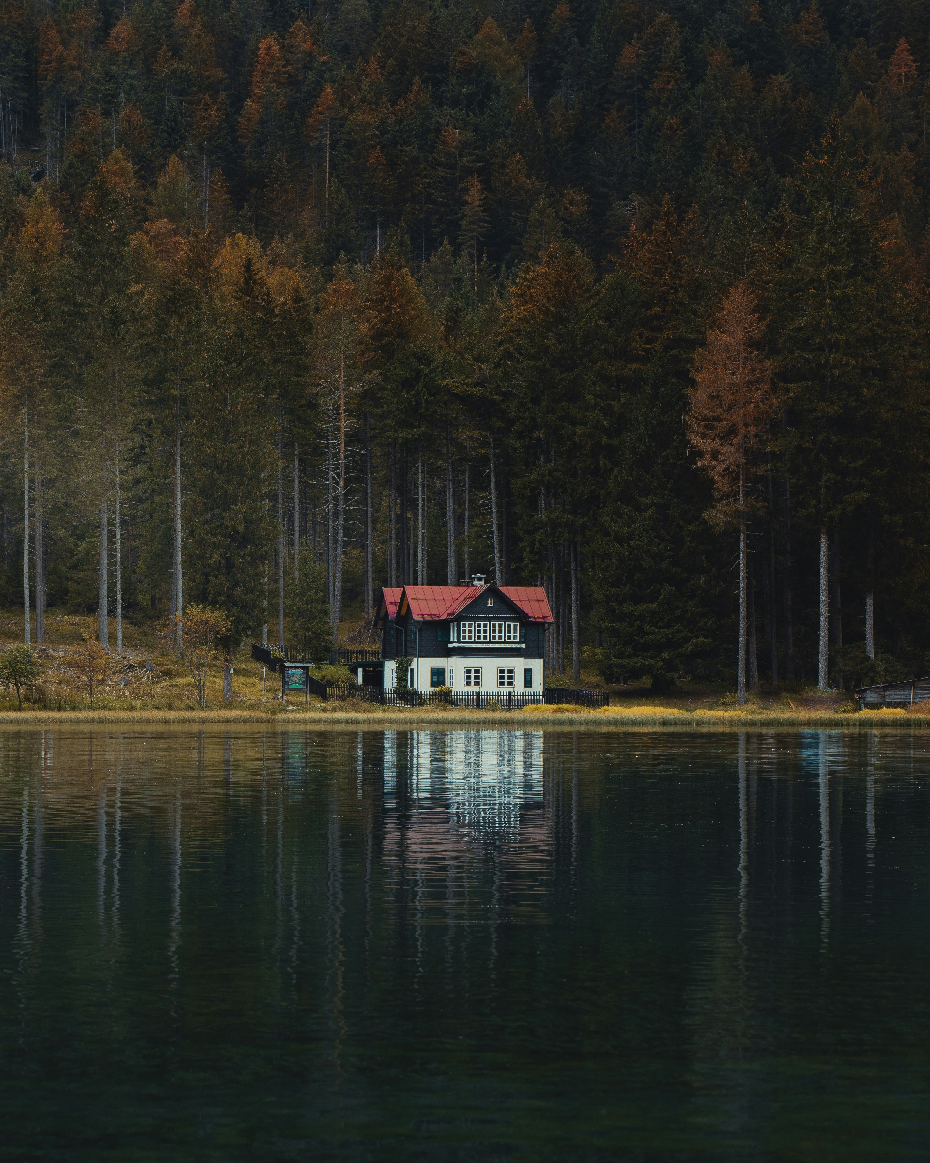 a house sitting on the shore of a lake