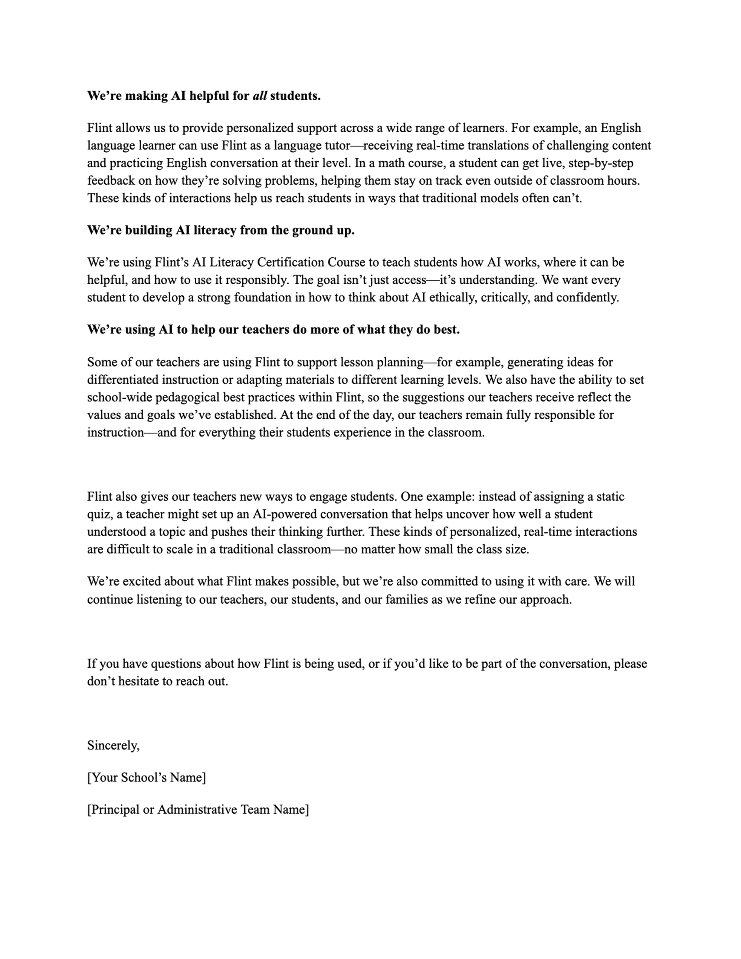 Image of Flint letter template for schools who haven't adopted and AI platform yet for parent ai communication last page