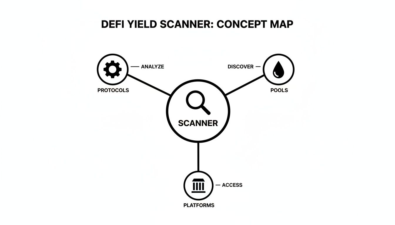 A concept map illustrates a DeFi Yield Scanner analyzing protocols, discovering pools, and accessing platforms.