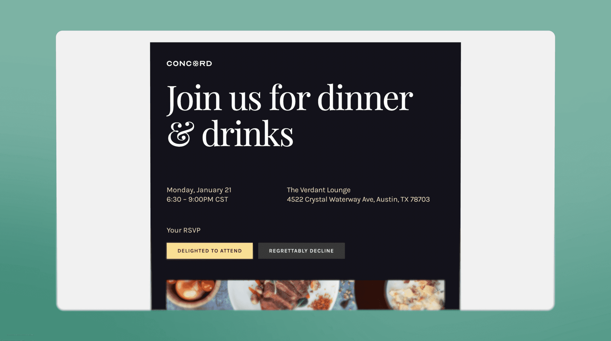 Example of an event on Gatsby, says "Join us for dinner & drinks"