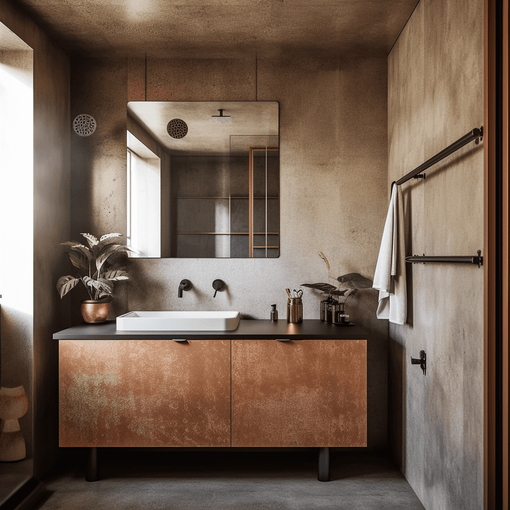 Modern bathroom with concrete floors, walls, and a wooden cabinet sink.