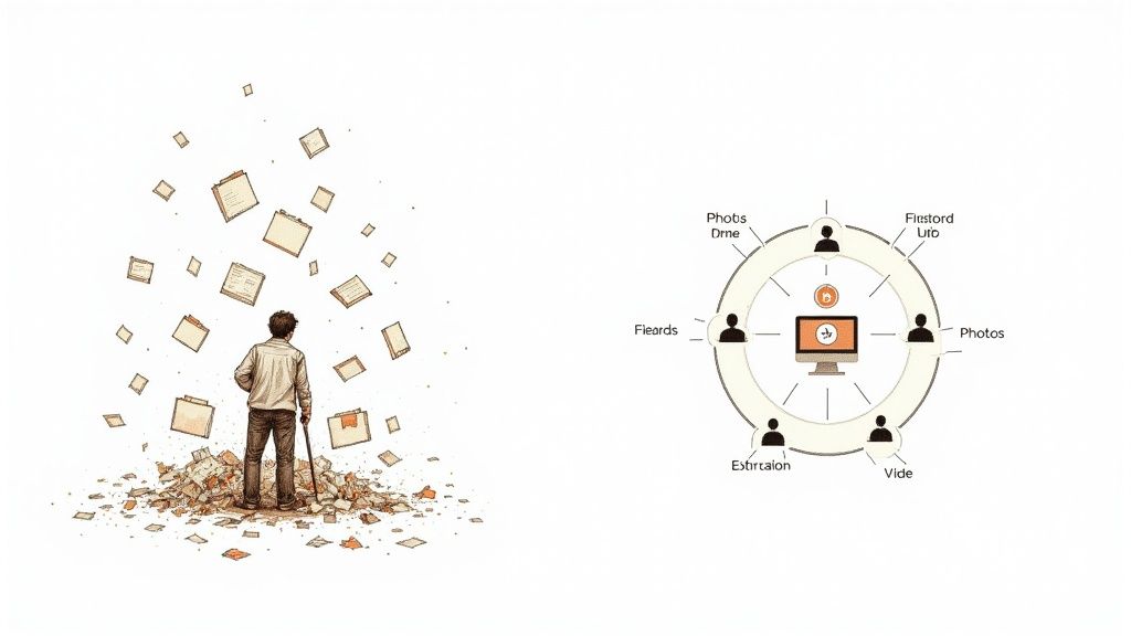 Team collaborating around a laptop displaying a digital asset management system