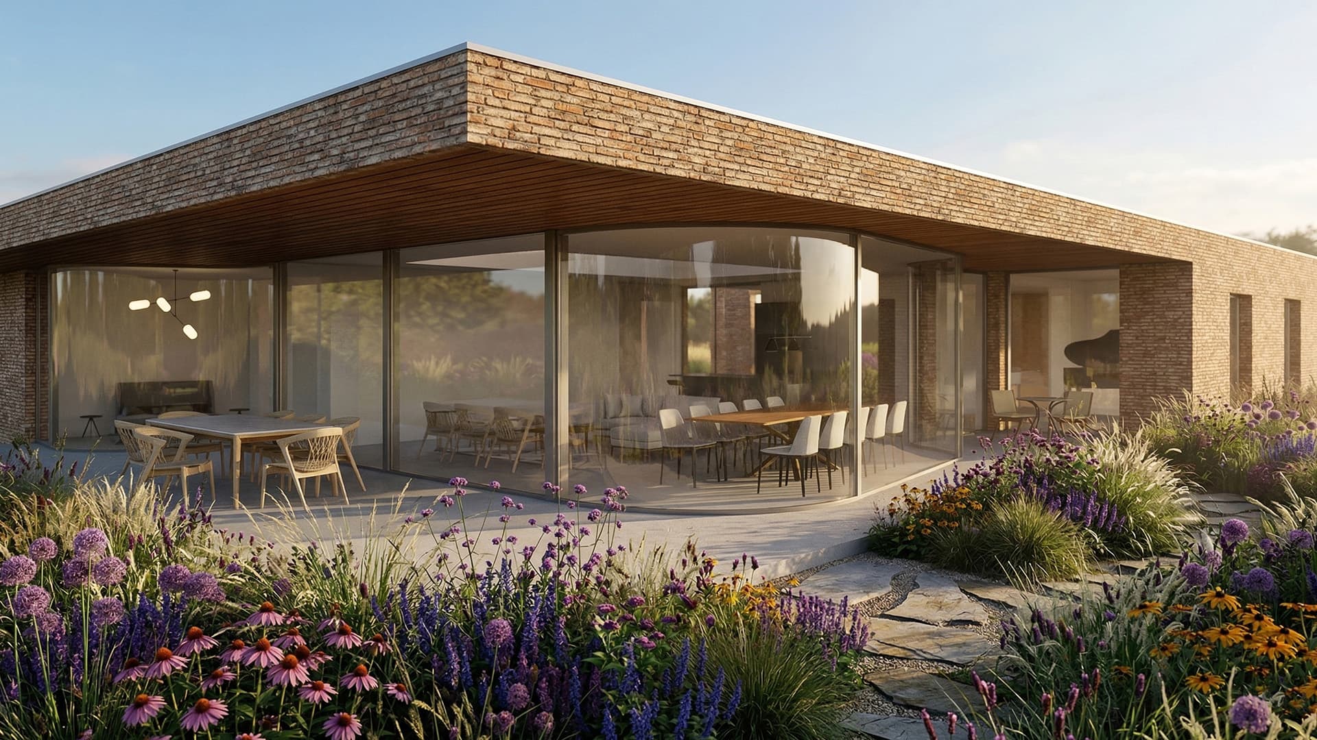 Hoekaanzicht van moderne villa met afgeronde glasgevel, baksteen en weelderige tuinbeplanting
