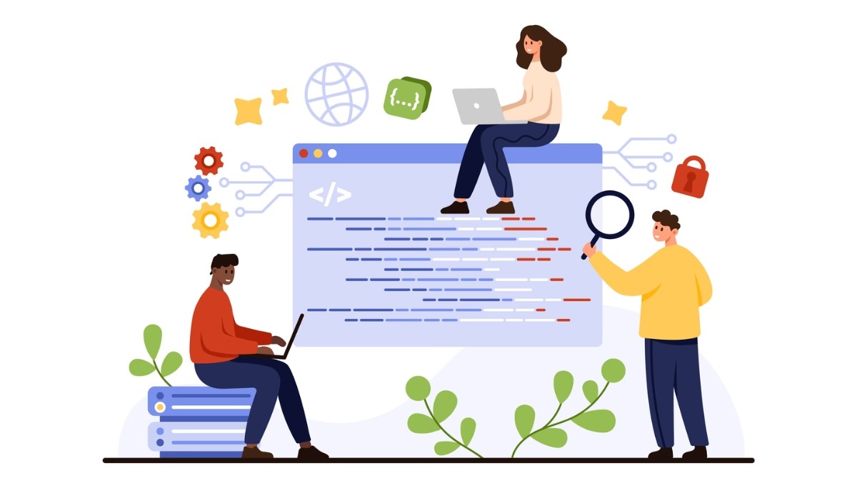 Developers examining code on a large screen with gears, padlock, and globe icons, representing how the Python interpreter executes and analyzes programming scripts in collaborative environments.