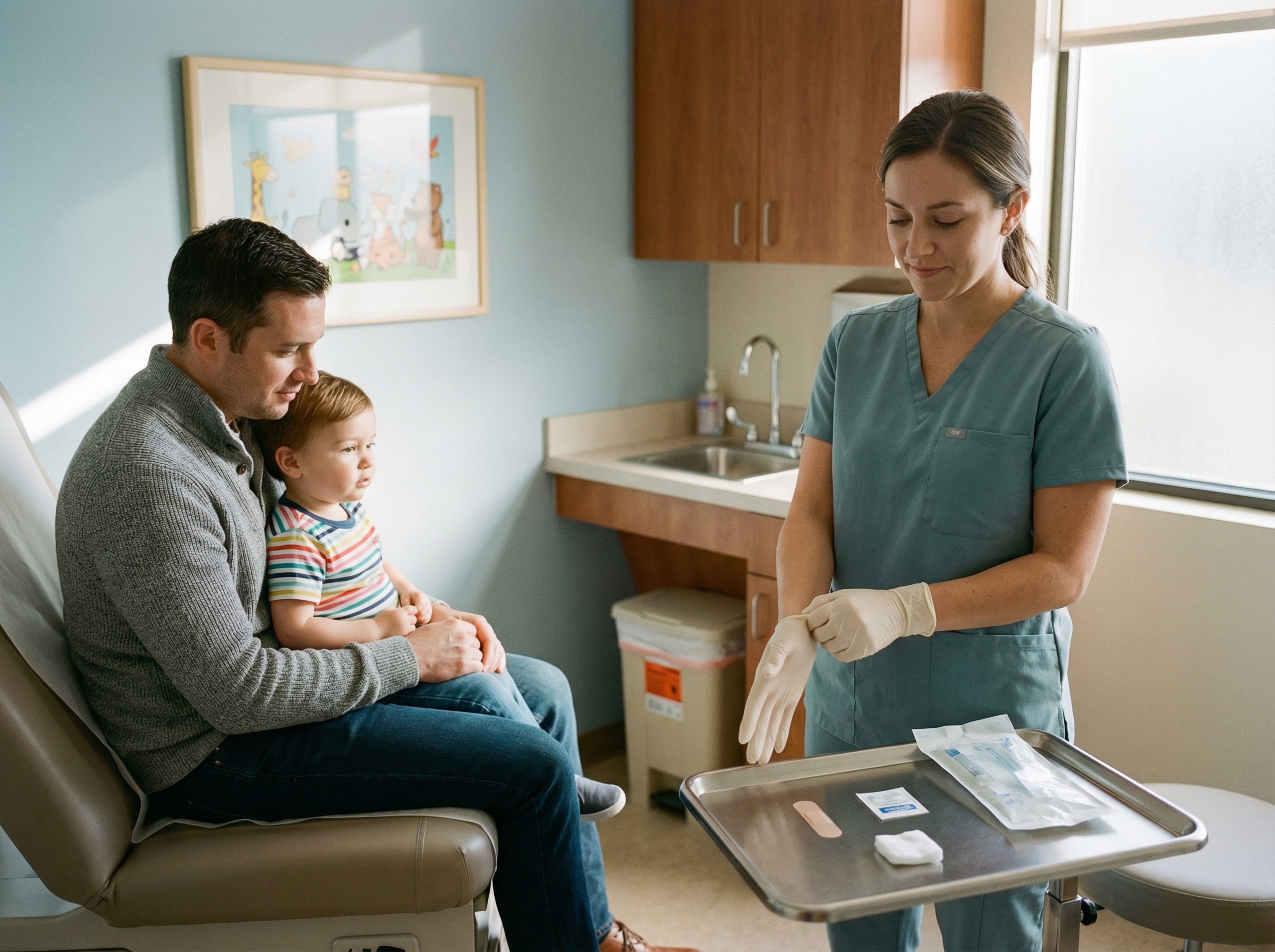 In einem Impfzimmer rollt eine MFA frische Handschuhe über die Hände und prüft eine sterile Verpackung. Ein Kind sitzt auf dem Schoß seines Vaters, eine bunte Tiergrafik lenkt ab. Ein Pflaster liegt griffbereit auf dem Tablett. Der Moment zeigt Sorgfalt, Sicherheit und Zuwendung.