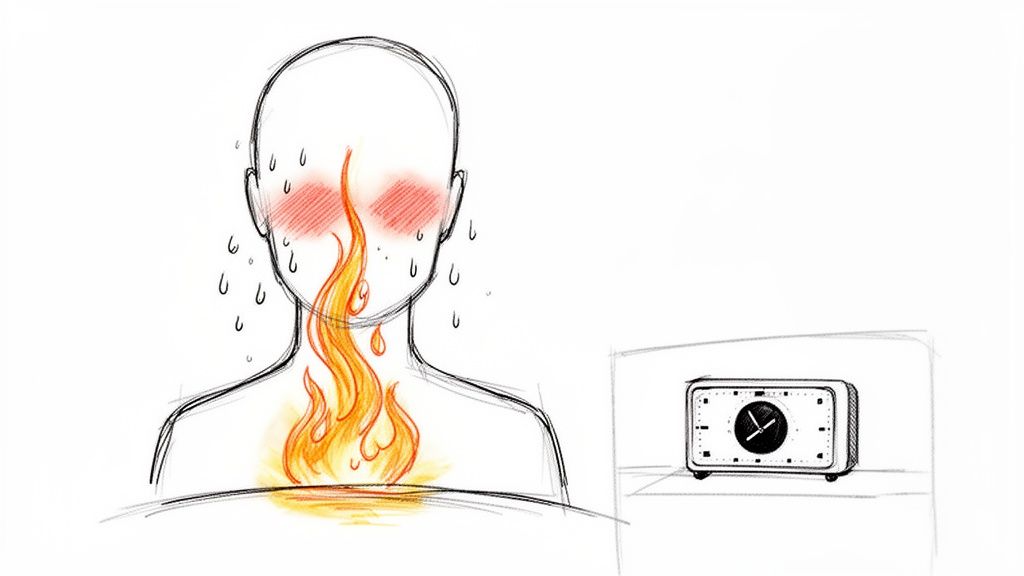 A sketch of a person experiencing a hot flash, sweating, with flushed cheeks and flames in their chest, next to an alarm clock.