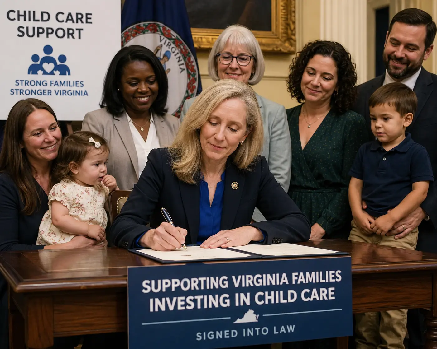 a portrayal of the virginia governor signing new child care legislation into law 