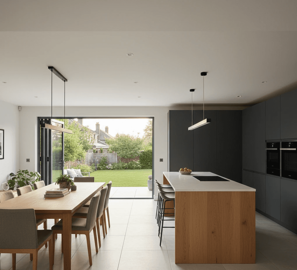 Open-plan kitchen and dining area created within the new South Croydon home extension.
